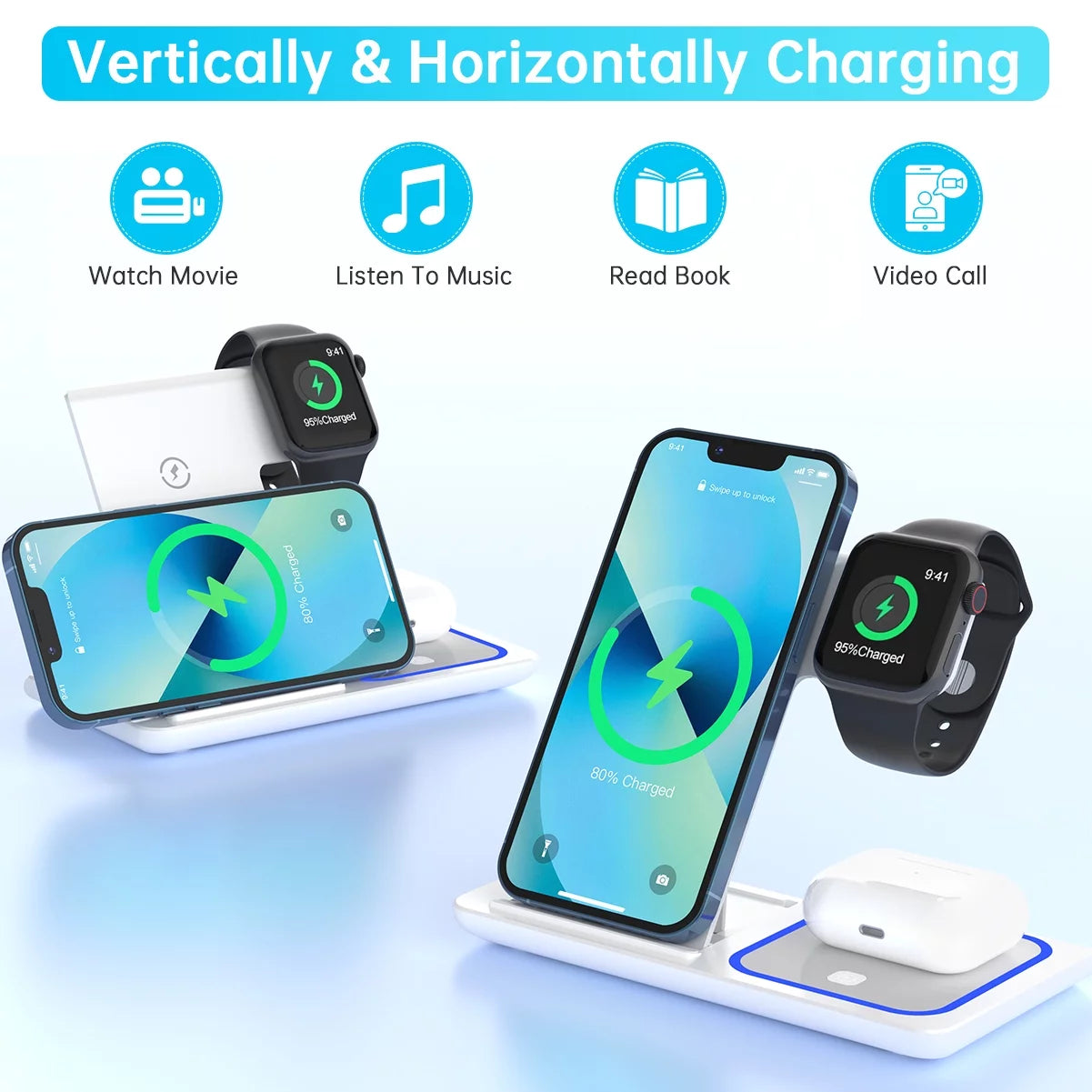 2024 Upgraded Wireless Charging Station, 18W 3 in 1 Charger Station, Fast Charging Dock Stand for Iwatch Series 10/9/8/7/6/SE/5/4/3/2, Compatible with Iphone 16 15 14 13 12 11 Pro/Xs/Samsung & Airpod